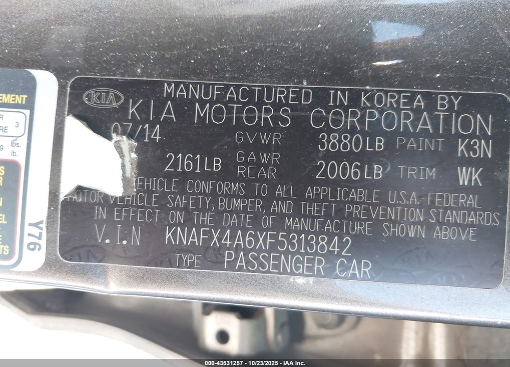 2015 KIA FORTE LX VIN: KNAFX4A6XF5313842