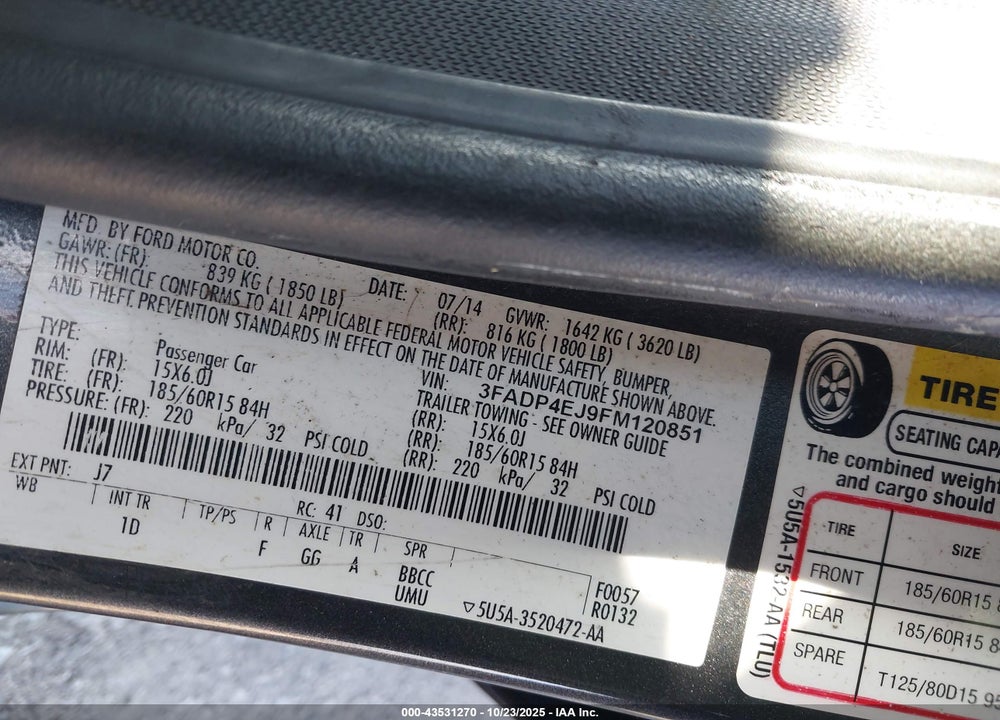 2015 FORD FIESTA VIN: 3FADP4EJ9FM120851