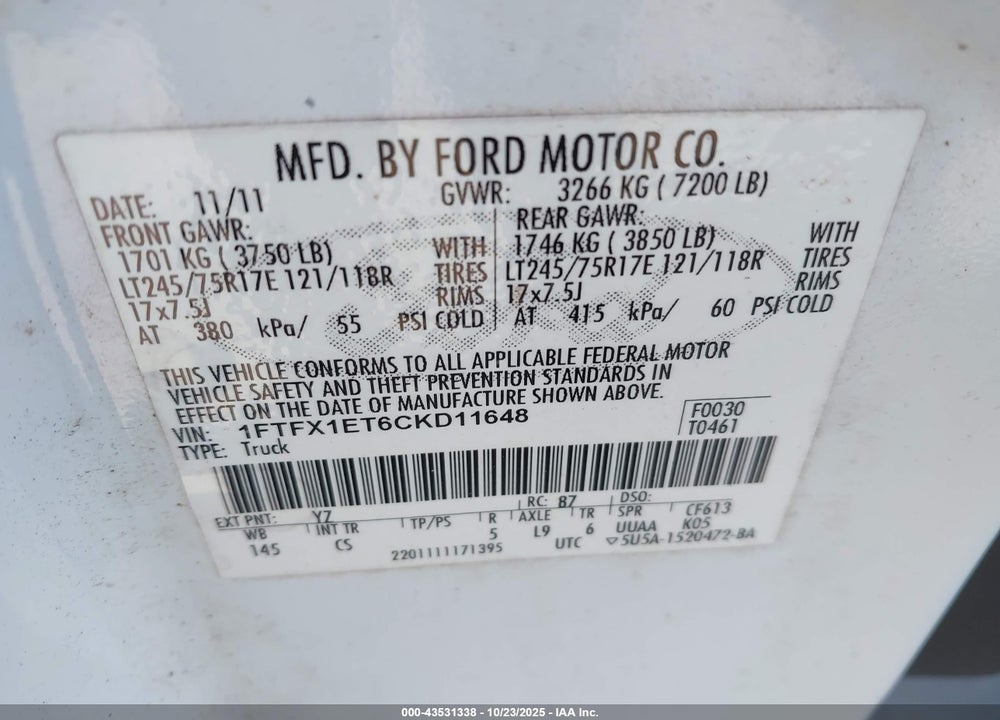 2012 FORD F-150 VIN: 1FTFX1ET6CKD11648