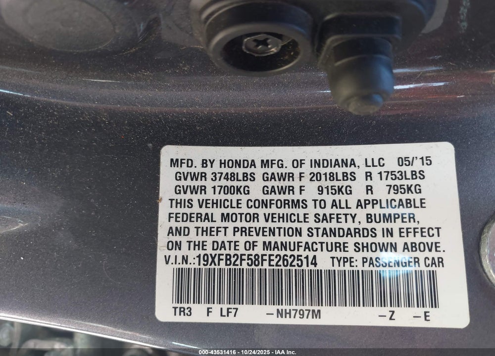 2015 HONDA CIVIC LX VIN: 19XFB2F58FE262514