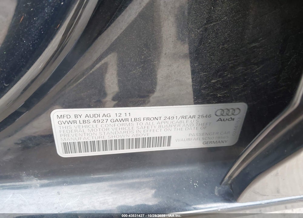2012 AUDI A4 2.0T PREMIUM VIN: WAUBFAFL5CN019565