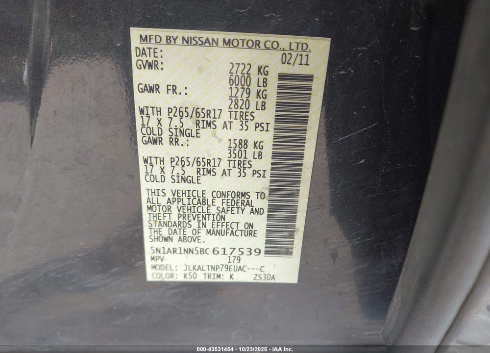 2011 NISSAN PATHFINDER SV VIN: 5N1AR1NN5BC617539