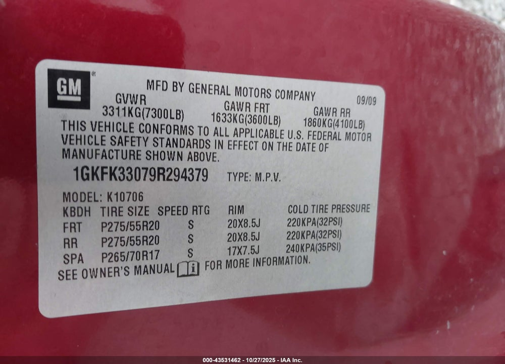 2009 GMC YUKON VIN: 1GKFK33079R294379