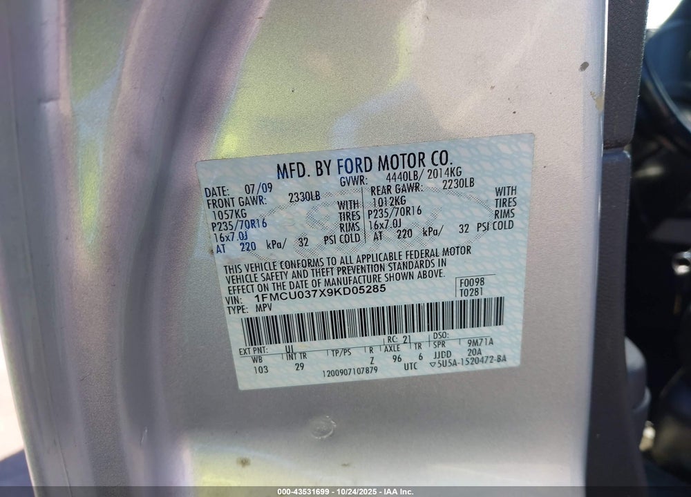 2009 FORD ESCAPE VIN: 1FMCU037X9KD05285