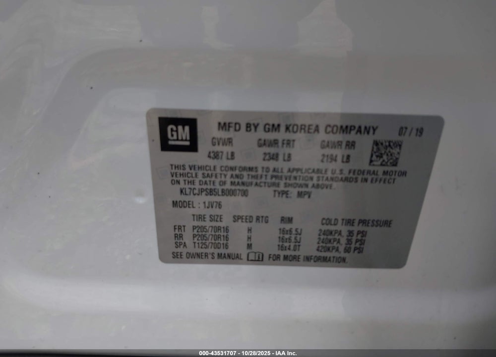 2020 CHEVROLET TRAX AWD LT VIN: KL7CJPSB5LB000700