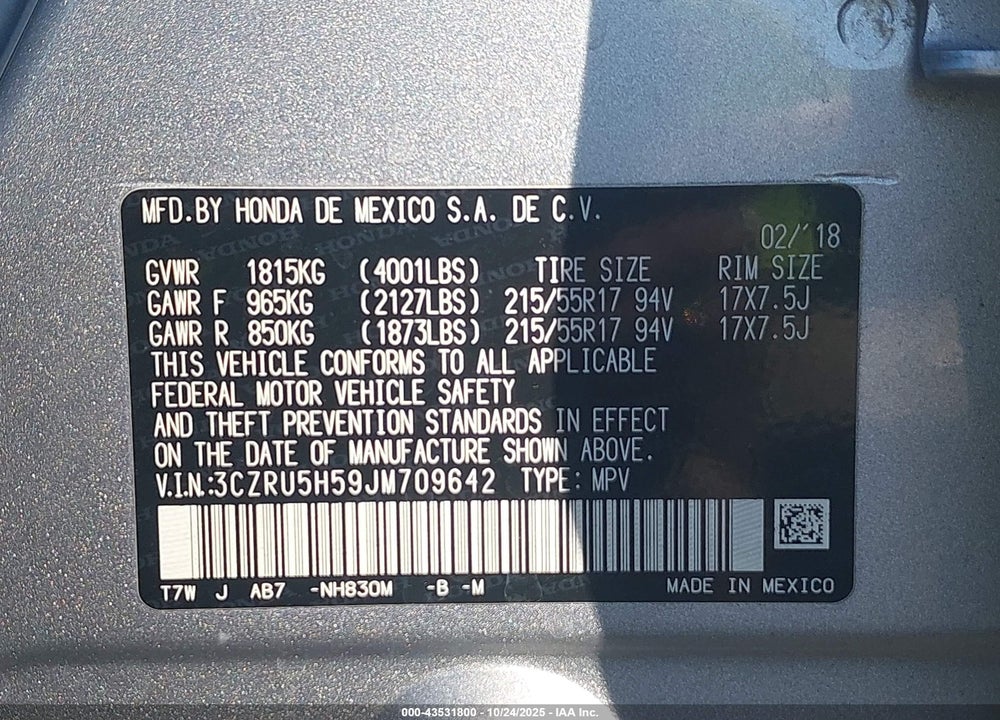 2018 HONDA HR-V VIN: 3CZRU5H59JM709642