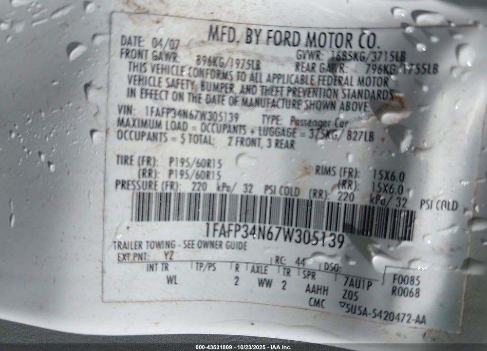 2007 FORD FOCUS VIN: 1FAFP34N67W305139