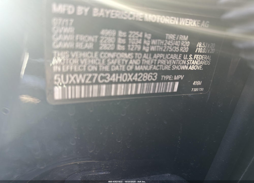 2017 BMW X3 SDRIVE28I VIN: 5UXWZ7C34H0X42863