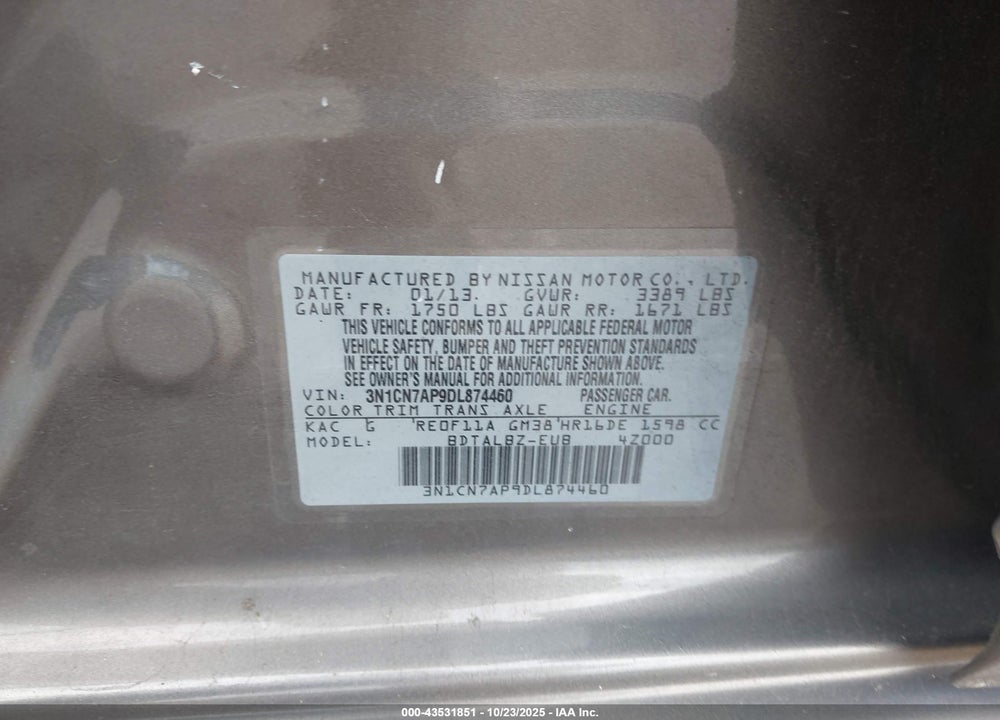 2013 NISSAN VERSA VIN: 3N1CN7AP9DL874460