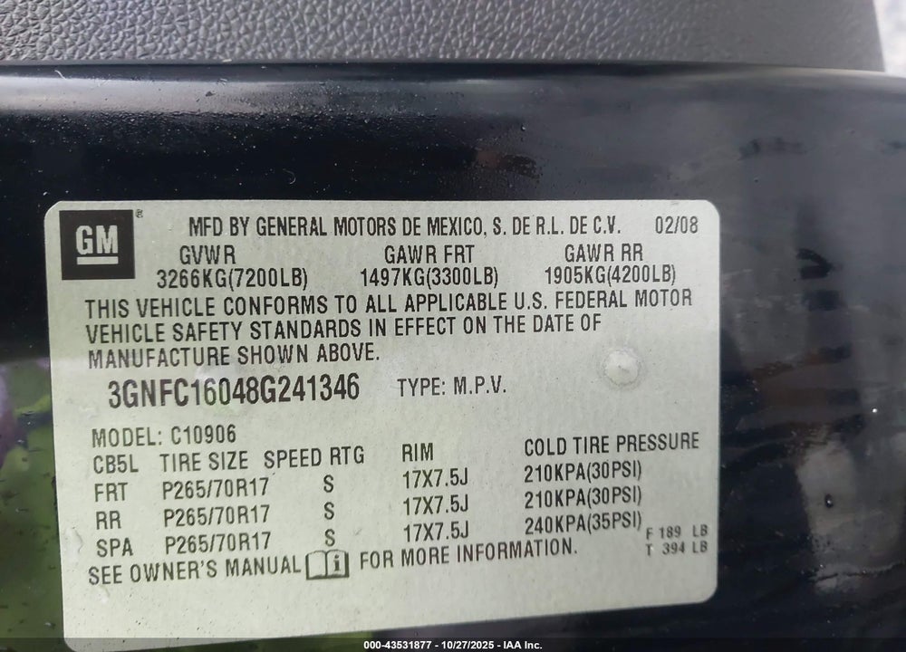 2008 CHEVROLET SUBURBAN 1500 LT VIN: 3GNFC16048G241346