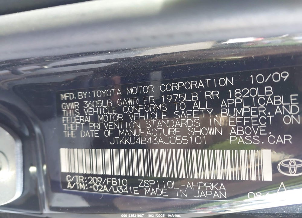 2010 SCION XD VIN: JTKKU4B43AJ055101