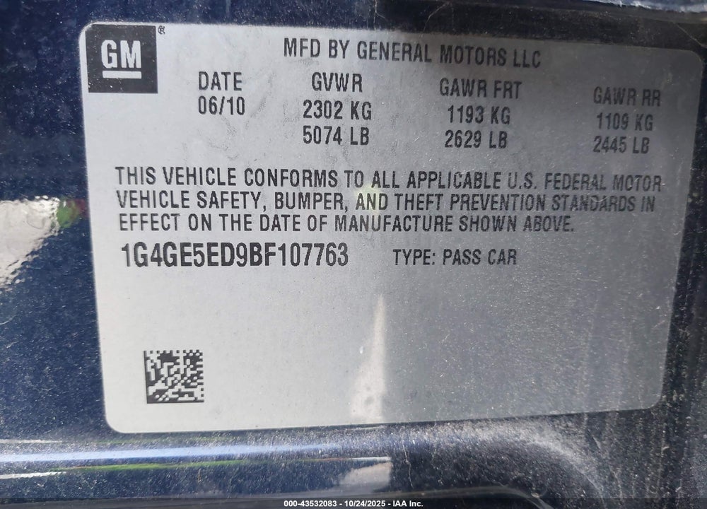 2011 BUICK LACROSSE VIN: 1G4GE5ED9BF107763