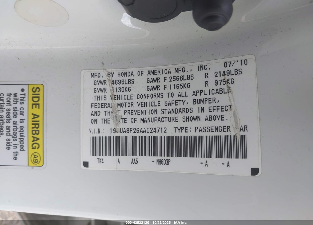 2010 ACURA TL VIN: 19UUA8F26AA024712