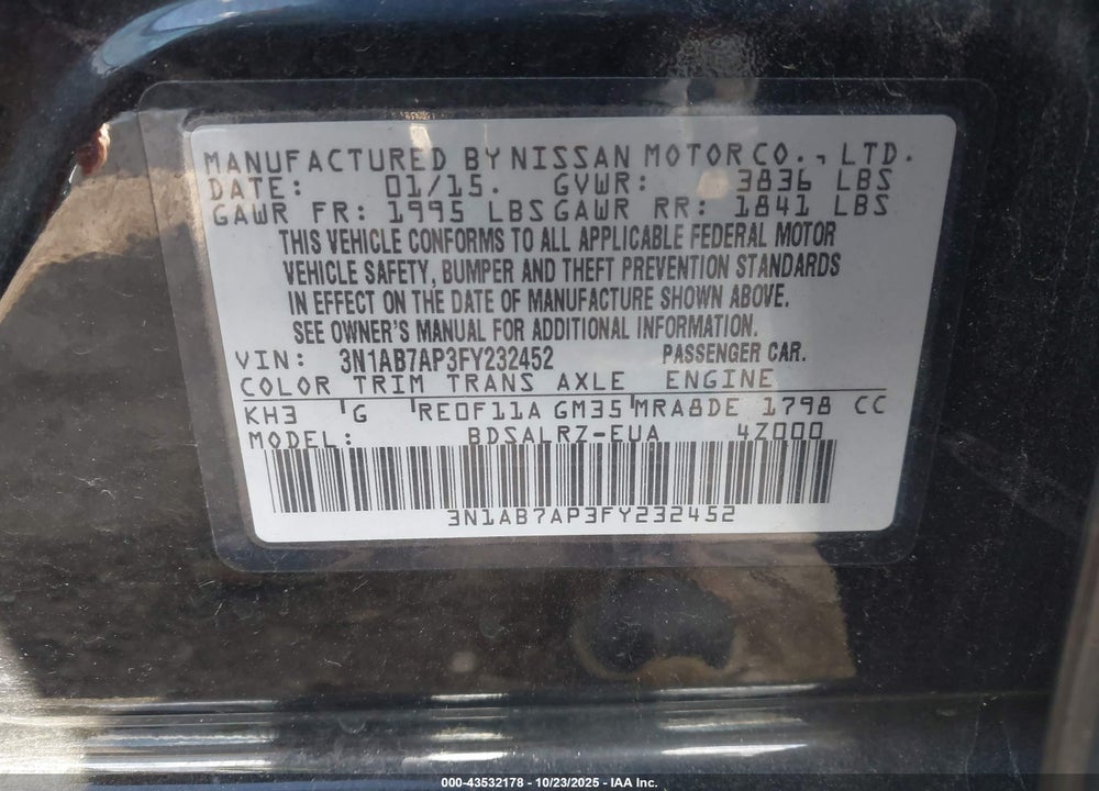 2015 NISSAN SENTRA SR VIN: 3N1AB7AP3FY232452