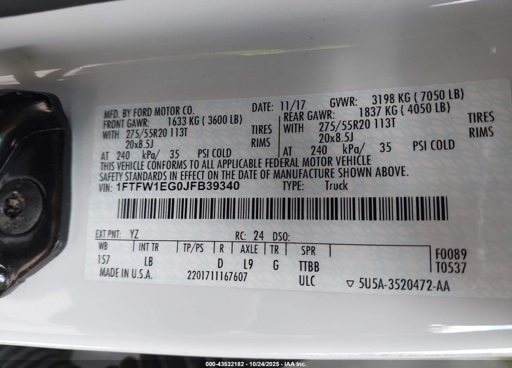 2018 FORD F-150 VIN: 1FTFW1EG0JFB39340
