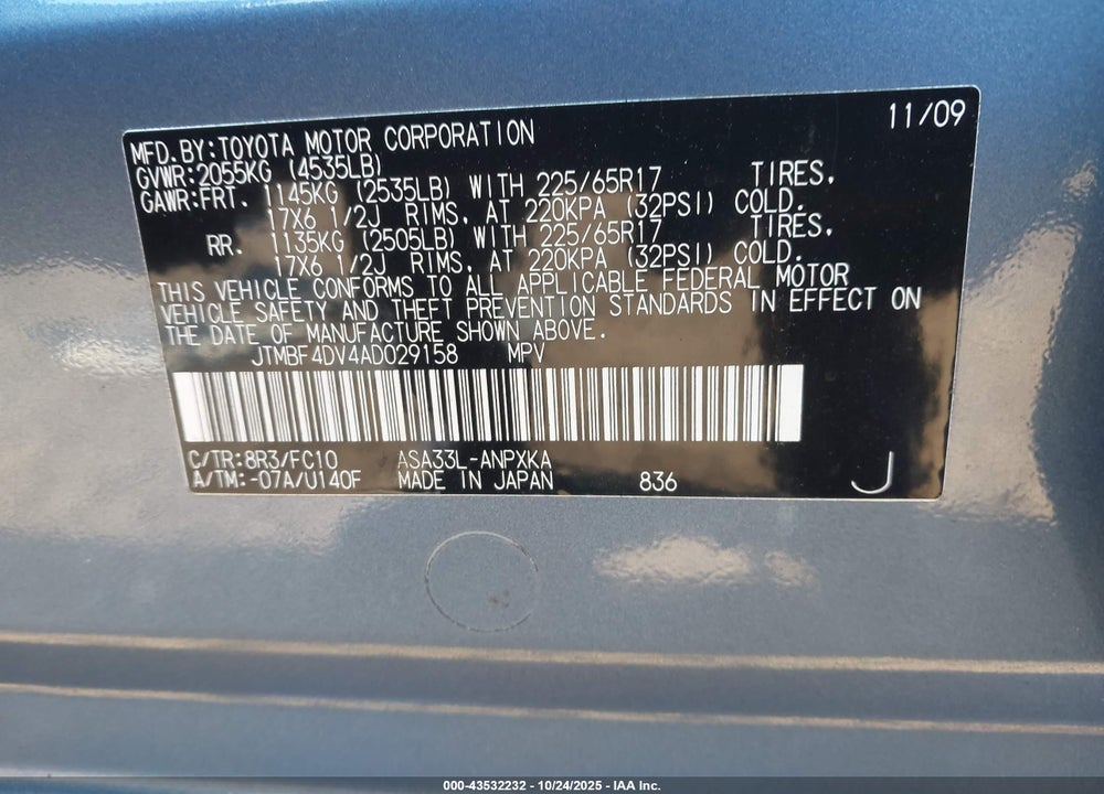 2010 TOYOTA RAV4 VIN: JTMBF4DV4AD029158