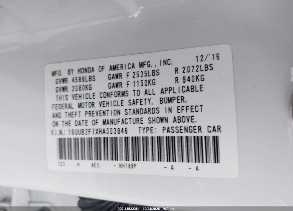 2017 ACURA TLX VIN: 19UUB2F7XHA003846