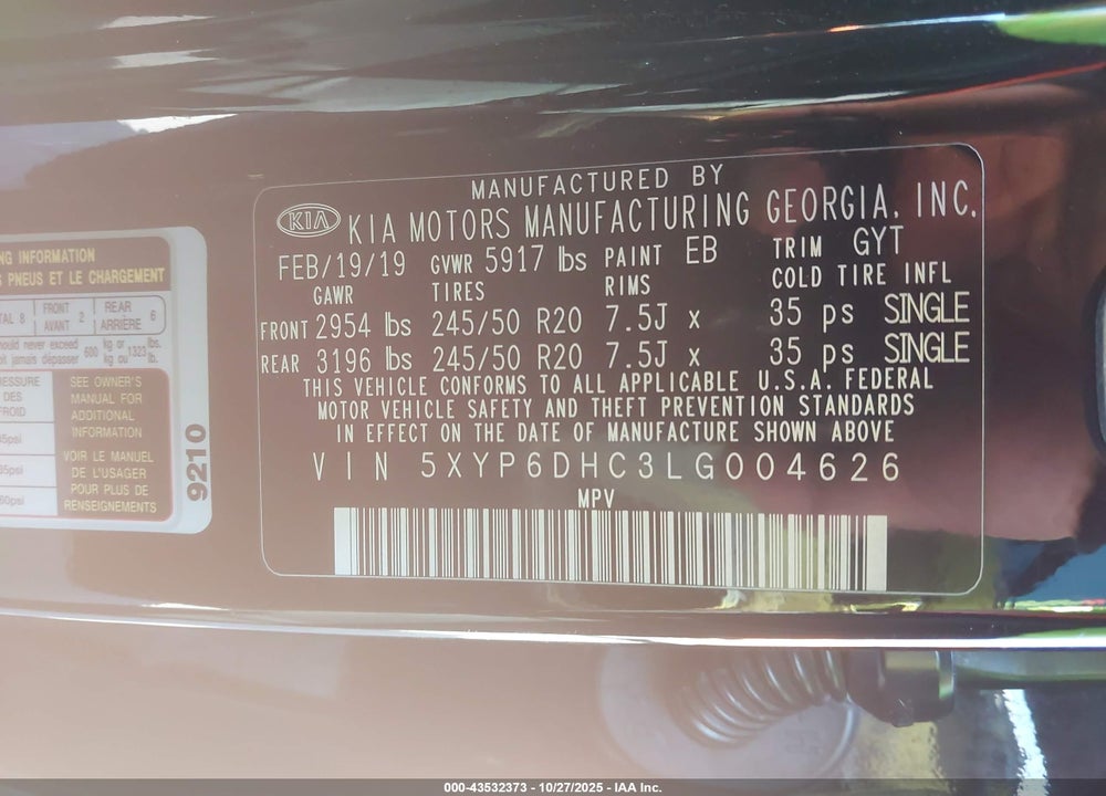2020 KIA TELLURIDE S VIN: 5XYP6DHC3LG004626