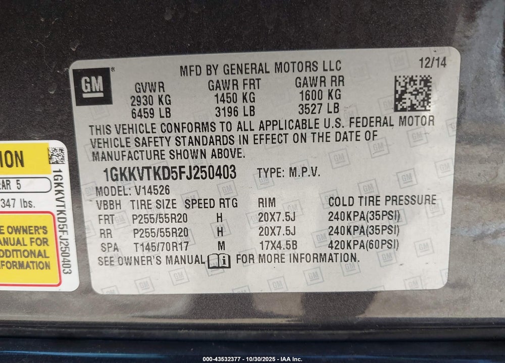2015 GMC ACADIA DENALI VIN: 1GKKVTKD5FJ250403