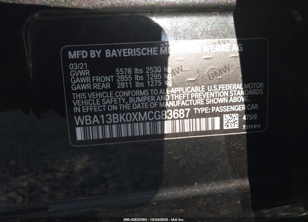 2021 BMW M550I XDRIVE VIN: WBA13BK0XMCG83687