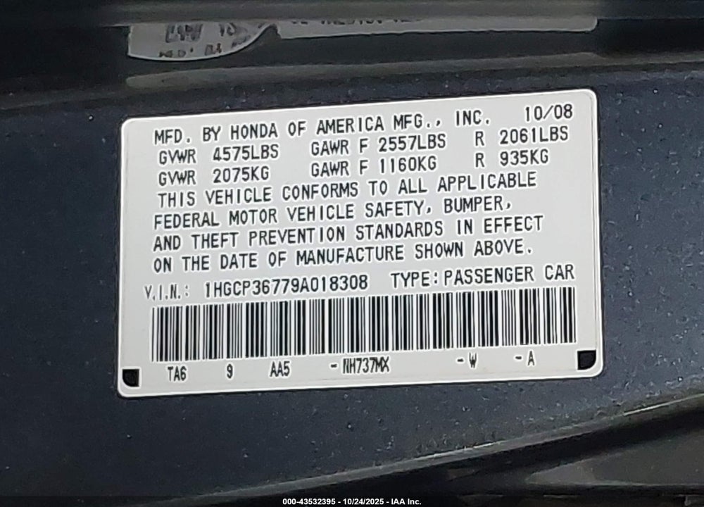 2009 HONDA ACCORD 3.5 EX VIN: 1HGCP36779A018308