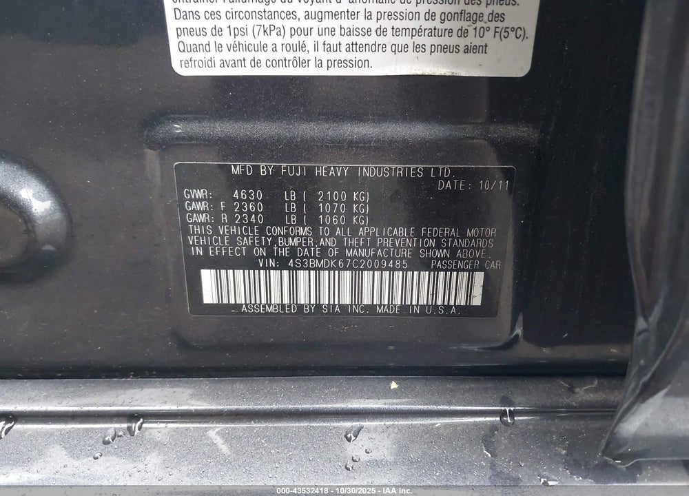 2012 SUBARU LEGACY 3.6R LIMITED VIN: 4S3BMDK67C2009485