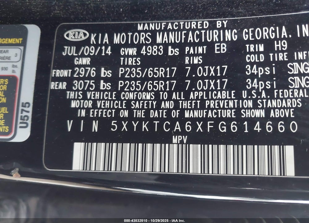 2015 KIA SORENTO LX VIN: 5XYKTCA6XFG614660