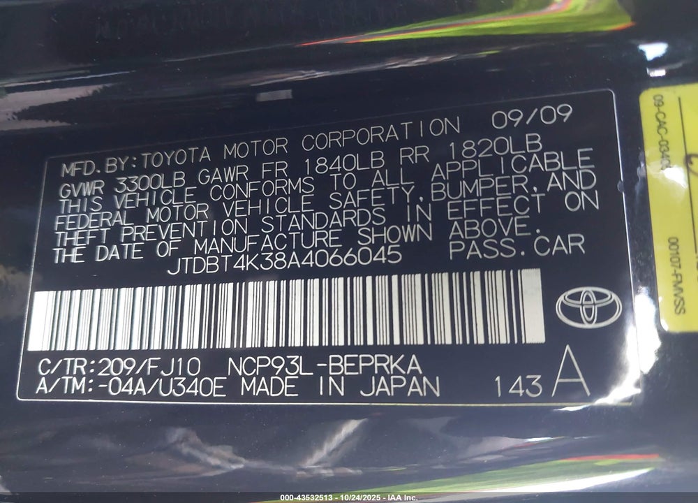 2010 TOYOTA YARIS VIN: JTDBT4K38A4066045