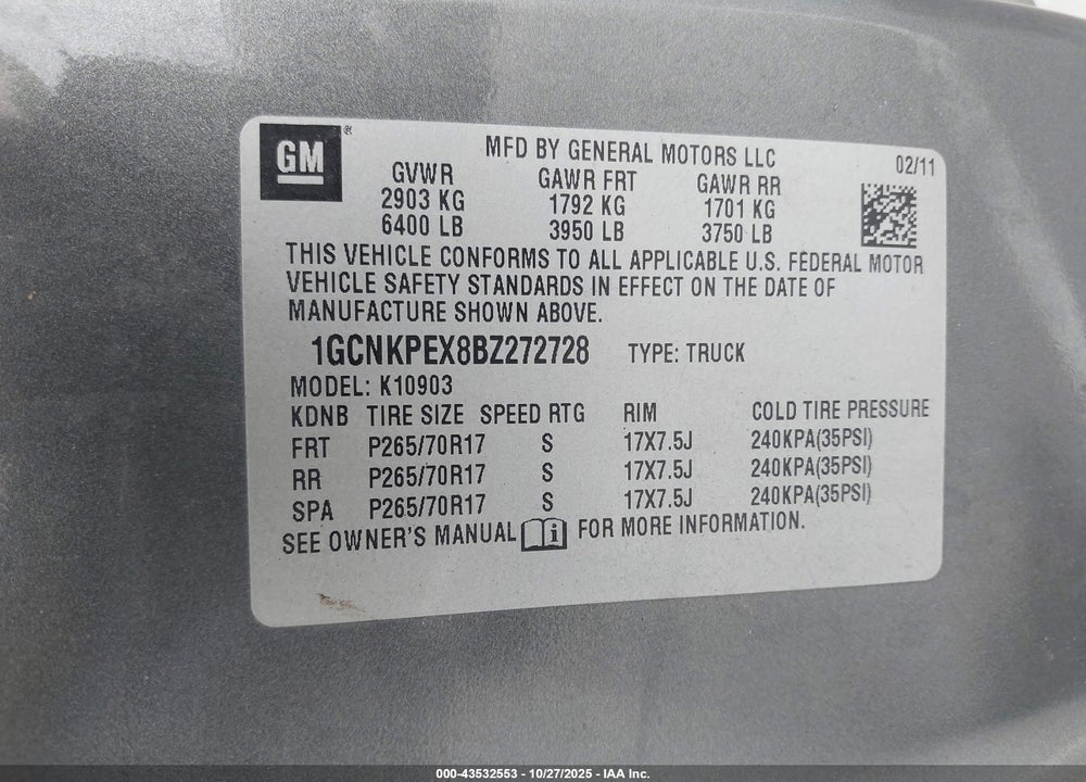 2011 CHEVROLET SILVERADO 1500 VIN: 1GCNKPEX8BZ272728