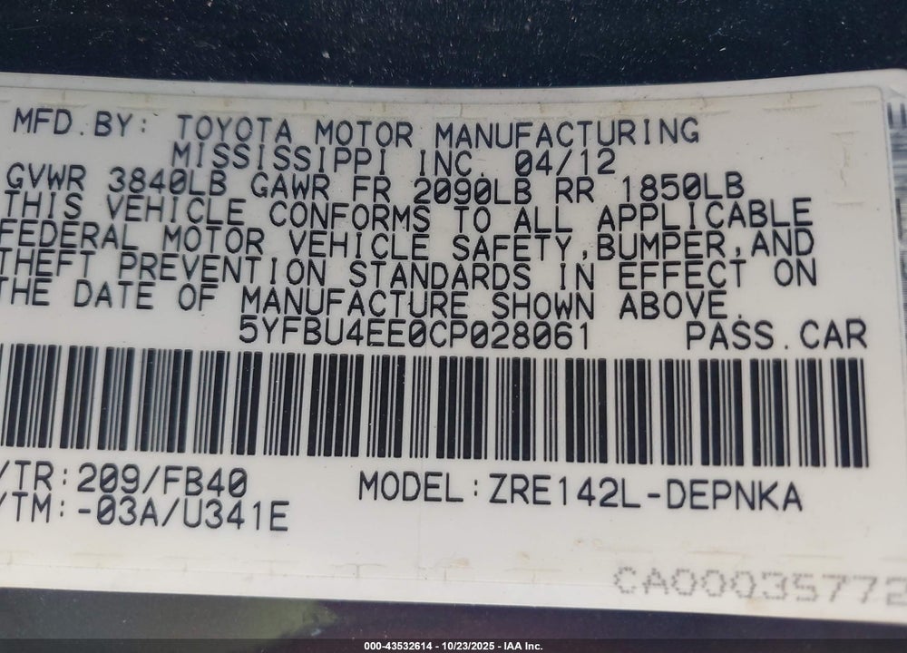 2012 TOYOTA COROLLA LE VIN: 5YFBU4EE0CP028061