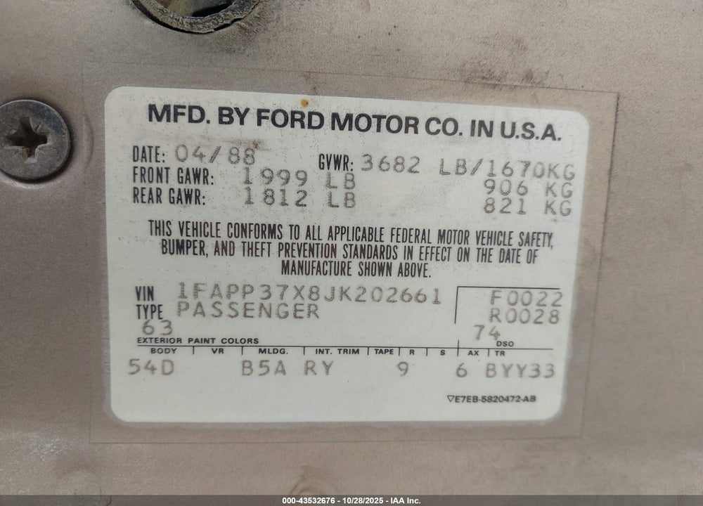 1988 FORD TEMPO LX VIN: 1FAPP37X8JK202661
