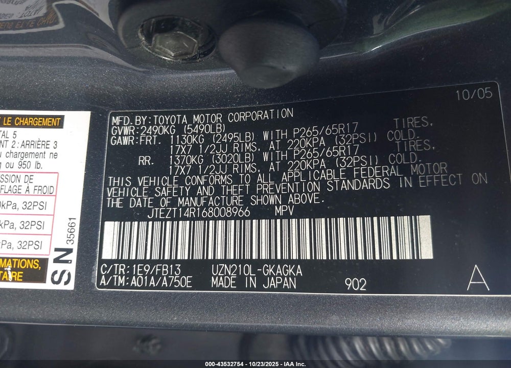 2006 TOYOTA 4RUNNER SR5 SPORT V8 VIN: JTEZT14R168008966