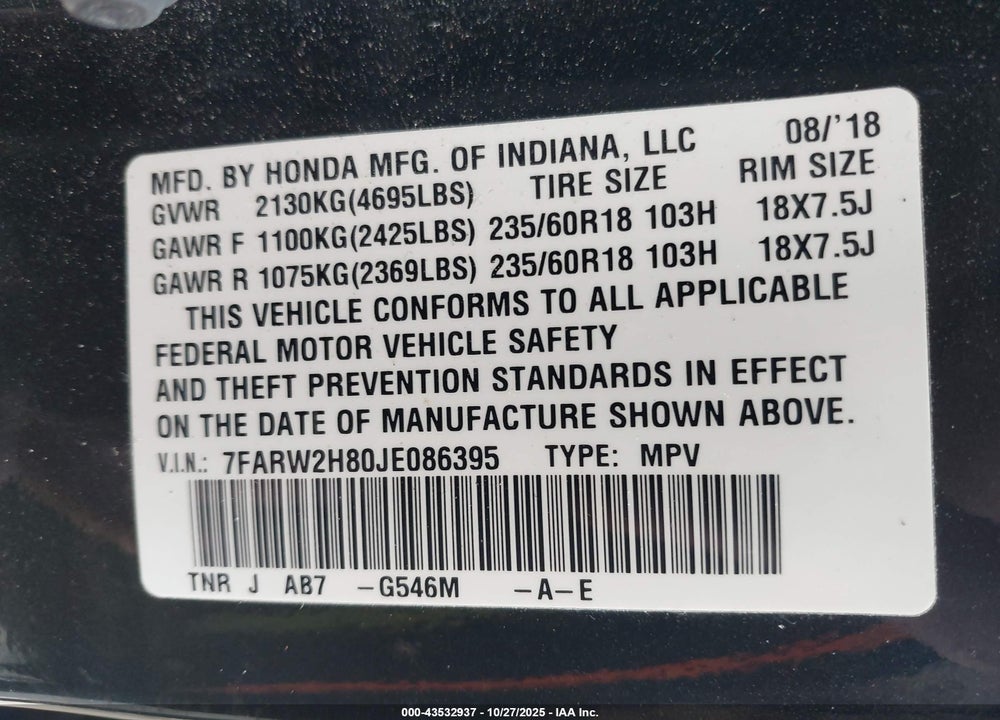 2018 HONDA CR-V VIN: 7FARW2H80JE086395
