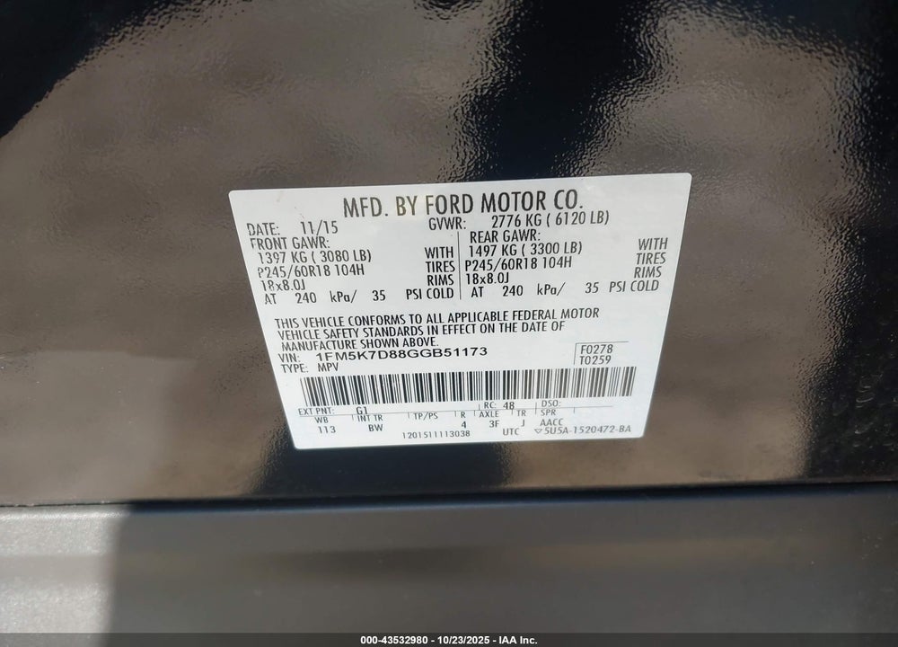 2016 FORD EXPLORER VIN: 1FM5K7D88GGB51173