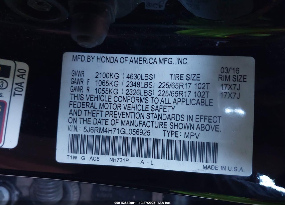 2016 HONDA CR-V EX-L VIN: 5J6RM4H71GL056925