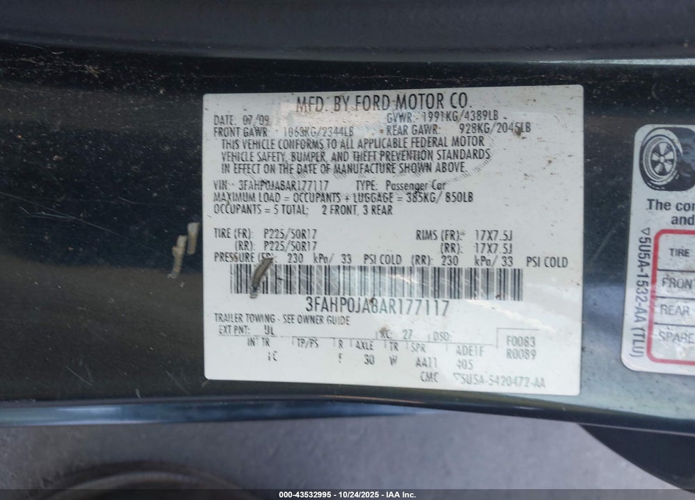 2010 FORD FUSION VIN: 3FAHP0JA8AR177117