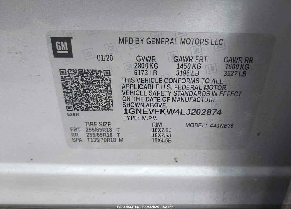 2020 CHEVROLET TRAVERSE AWD LS VIN: 1GNEVFKW4LJ202874