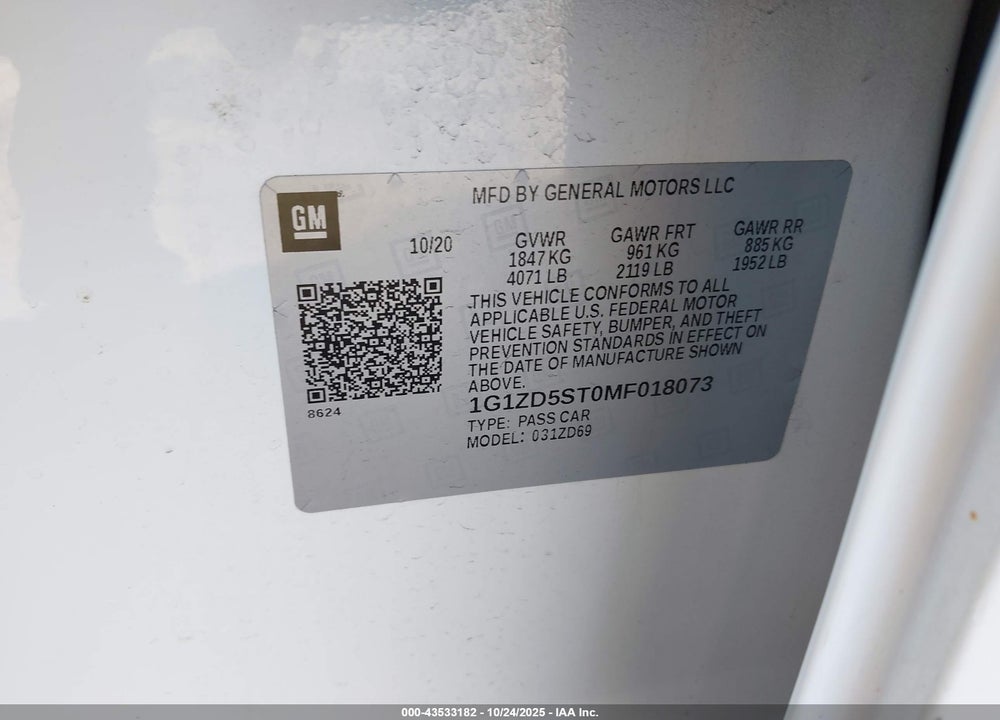 2021 CHEVROLET MALIBU FWD LT VIN: 1G1ZD5ST0MF018073