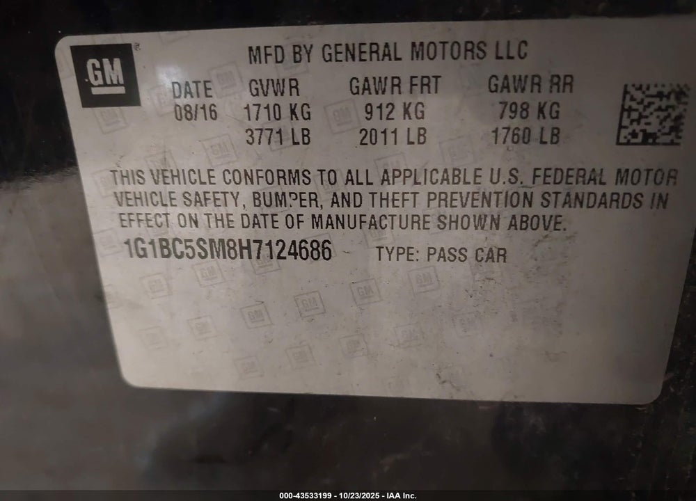 2017 CHEVROLET CRUZE LS AUTO VIN: 1G1BC5SM8H7124686