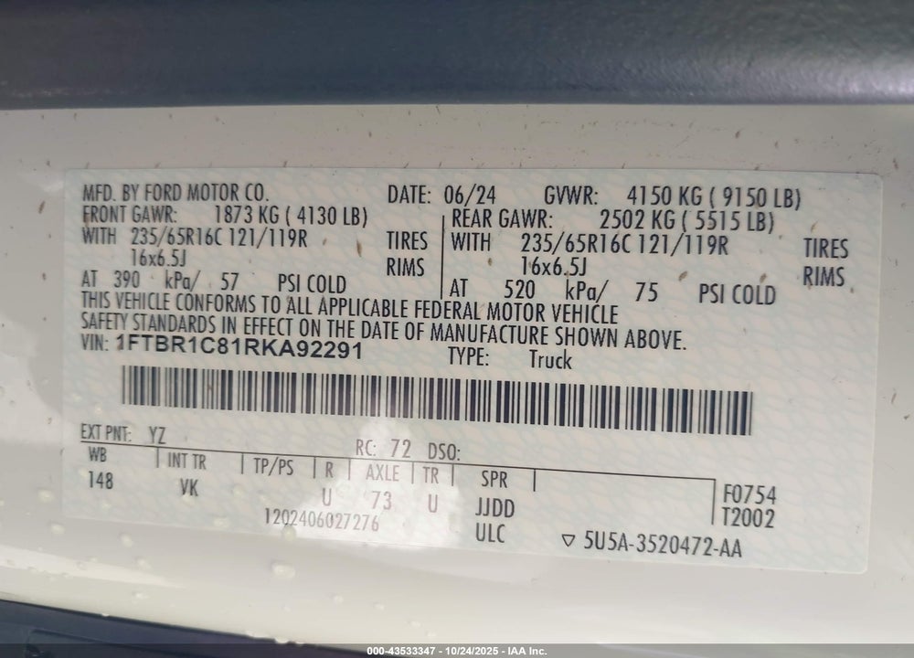 2024 FORD TRANSIT-250 VIN: 1FTBR1C81RKA92291