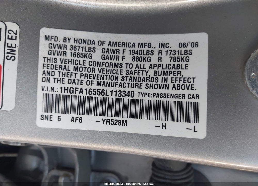 2006 HONDA CIVIC LX VIN: 1HGFA16556L113340