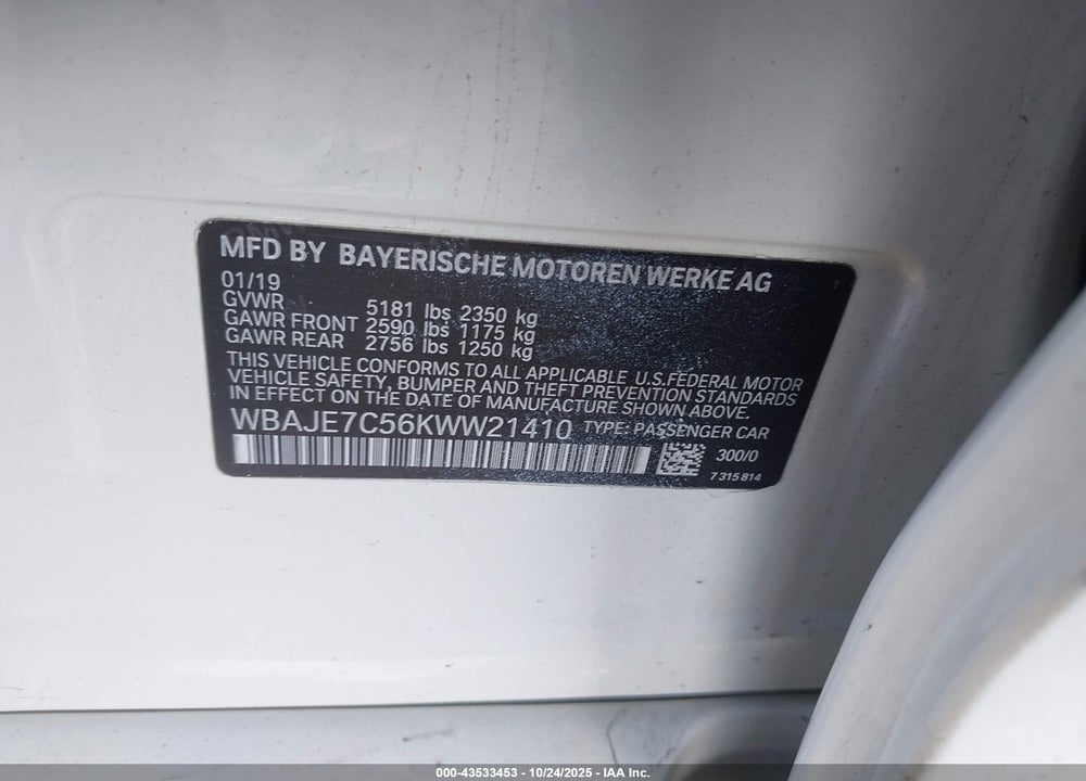 2019 BMW 540 XI VIN: WBAJE7C56KWW21410