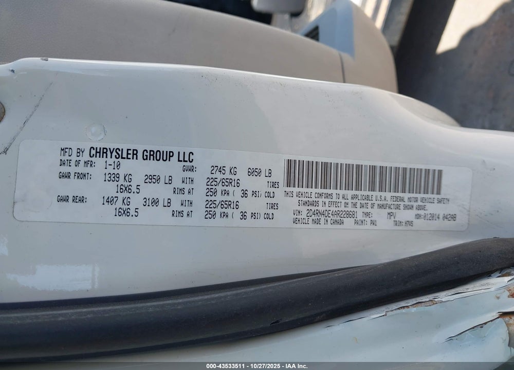 2010 DODGE GRAND CARAVAN SE VIN: 2D4RN4DE4AR228681