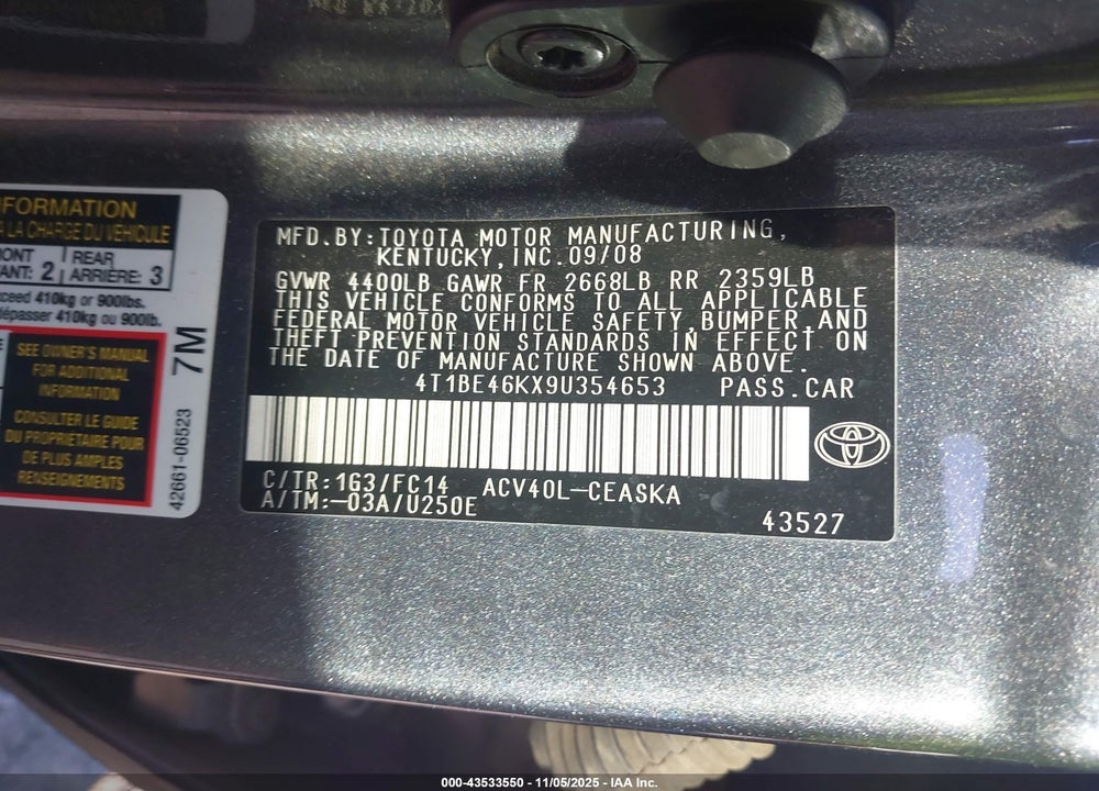 2009 TOYOTA CAMRY VIN: 4T1BE46KX9U354653