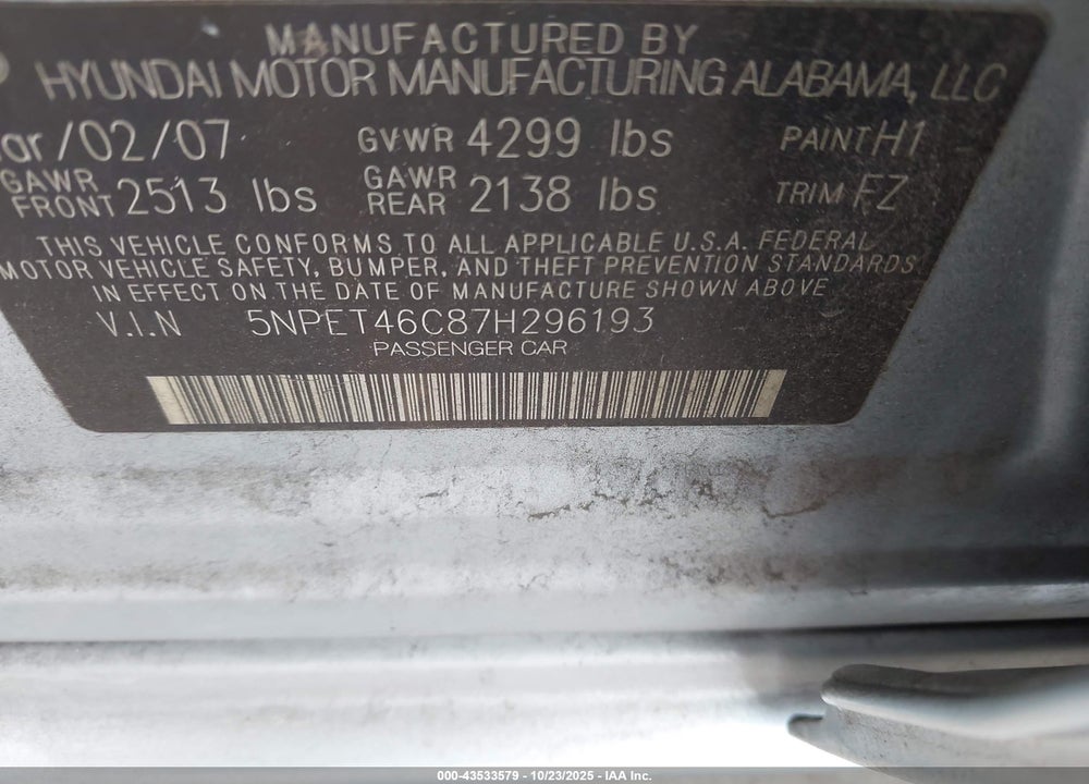 2007 HYUNDAI SONATA GLS VIN: 5NPET46C87H296193