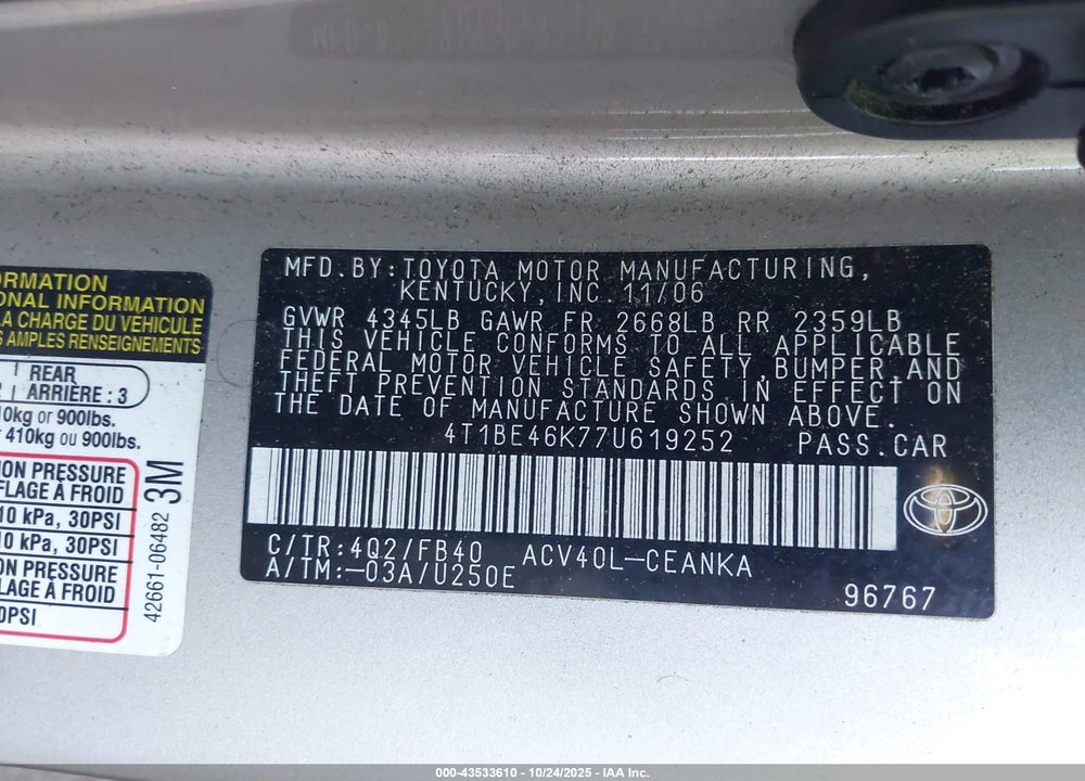 2007 TOYOTA CAMRY LE VIN: 4T1BE46K77U619252