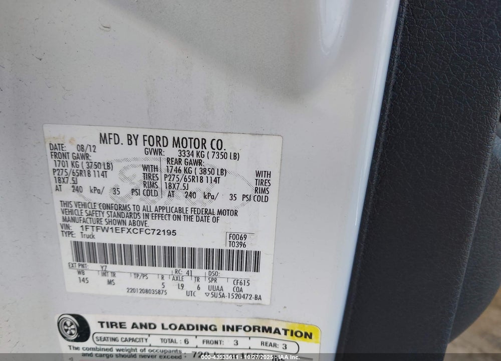 2012 FORD F-150 VIN: 1FTFW1EFXCFC72195
