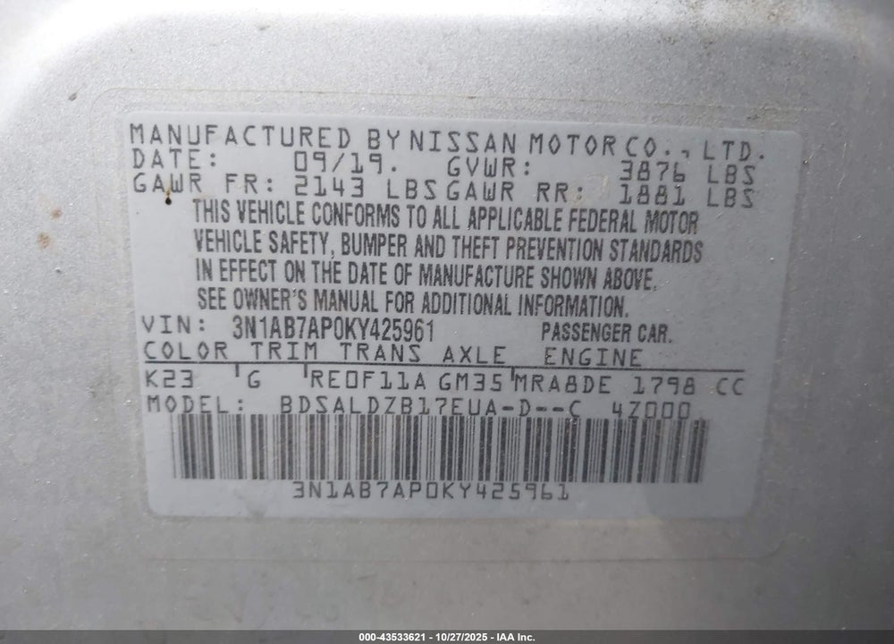 2019 NISSAN SENTRA SV VIN: 3N1AB7AP0KY425961