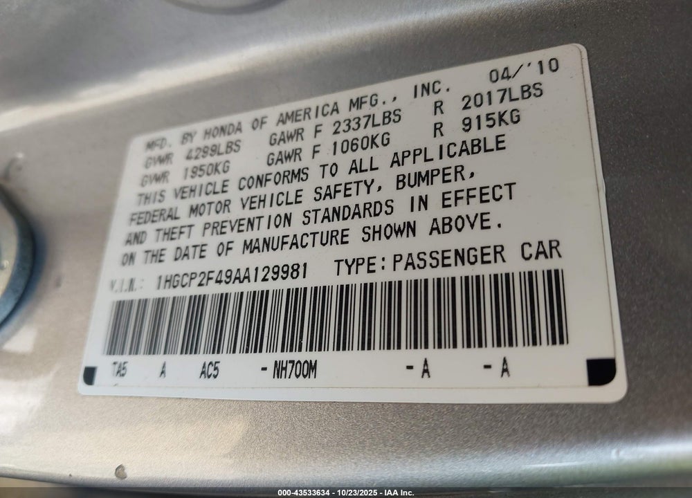 2010 HONDA ACCORD VIN: 1HGCP2F49AA129981