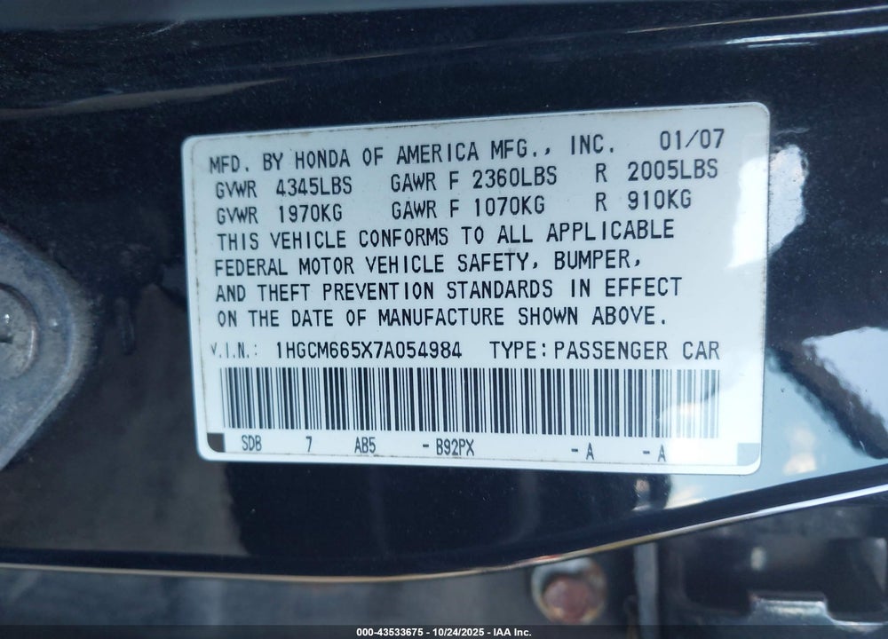 2007 HONDA ACCORD 3.0 EX VIN: 1HGCM665X7A054984